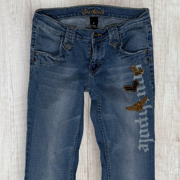 SOUTHPOLE Vintage Camo Military Patch Embroidered Straight Denim Jeans Women's 5 - Picture 3 of 6